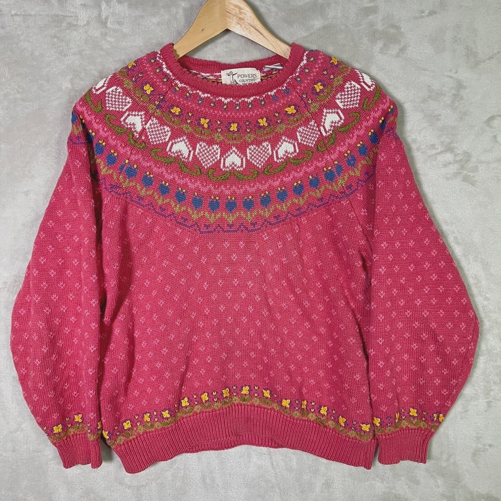 Vintage Powers Country Store Sweater L Pink Hand Embroidered Floral Hearts Ramie